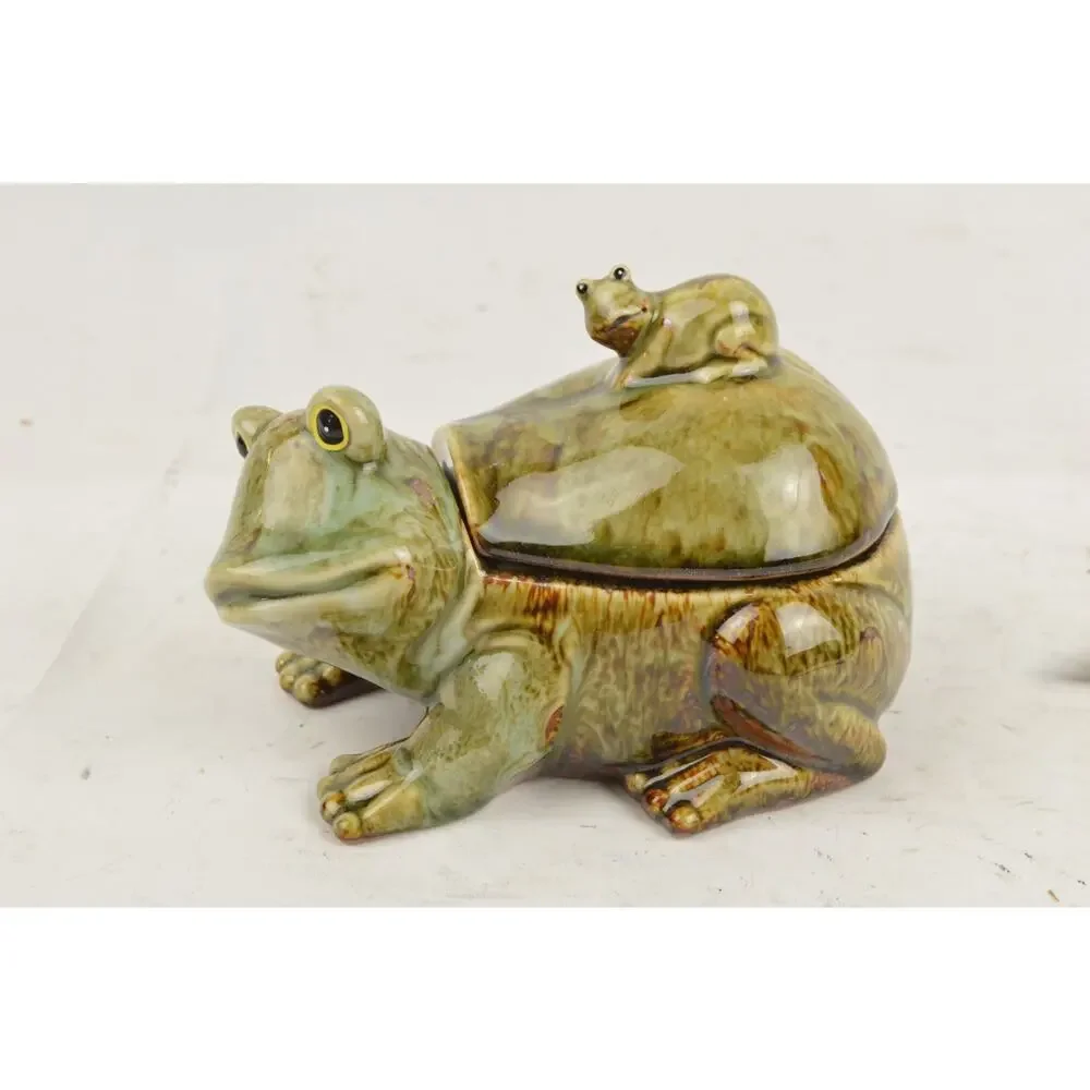 Frog Ceramic Tea Condiment Set x4 Lidded Bowl Sugar Creamer Green Glazed Pottery